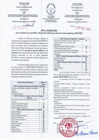 Appel à candidatures pour la selection en cycle PhD à l'Université de Maroua au Titre de l'année académique 2021/2022