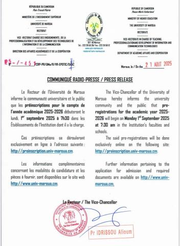 COMMUNIQUÉ RADIO-PRESSE relatif aux préinscriptions pour le compte de l’année académique 2025/2026 - PRESS RELEASE relative to pre-registrations for the 2025/2026 academic year