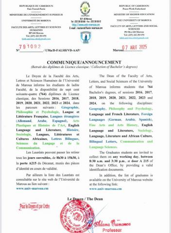 COMMUNIQUE relatif au retrait des diplômes de Licence classique / ANNOUNCEMENT relative to collection of Bachelor's degrees