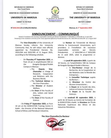 ANNOUNCEMENT Pertaining to the installation ceremony of the newly appointed officials by Presidential Decrees No. 2025/394 and 2025/395 of 11 August 2025 - COMMUNIQUÉ Relatif à l'installation des nouveaux responsables nommés par Décrets Présidentiels n° 2
