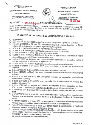 DECISION Portant ouverture du concours d'entrée en 1ère année du cycle d'Ingénieurs de Conception en cinq (05) ans de l'École Nationale Supérieure des Mines et des Industries Pétrolières (ENSMIP) de l'UMa, au titre de l'année académique 2025-2026...