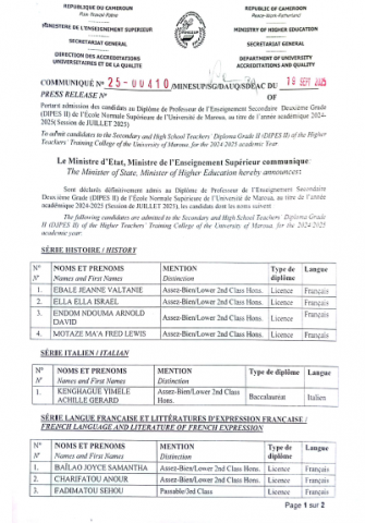 Communiqué portant admission des candidats au Diplôme de Professeur de l'Enseignement Secondaire Premier Grade et Deuxième grade de l'École Normale Supérieure de l'Université de Maroua, au titre de l'année académique 2024-2025 