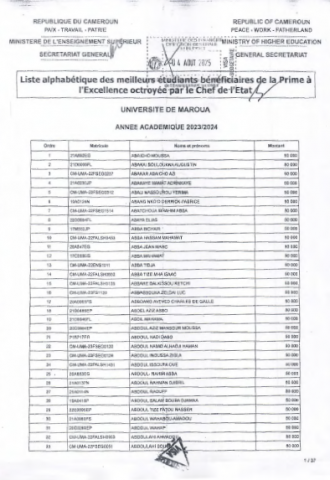 LISTE DES ÉTUDIANTS BÉNÉFICIAIRES DE LA PRIME D’EXCELLENCE ACADÉMIQUE 2023-2024 À L’UNIVERSITÉ DE MAROUA