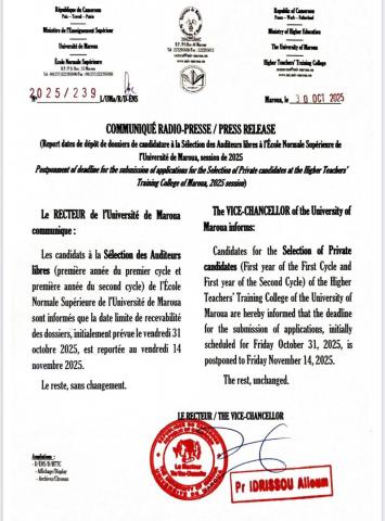 COMMUNIQUÉ RADIO-PRESSE portant report des dates de dépôt de dossiers de candidature à la Sélection des Auditeurs libres à l'École Normale Supérieure de l'Université de Maroua, session de 2025