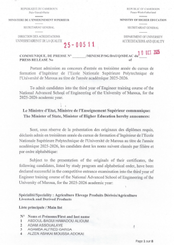 COMMUNIQUE DE PRESSE portant admission au concours d'entrée en première année/troisième année du cursus de formation d'Ingénieur/Science de l’Ingénieur de l'École Nationale Supérieure Polytechnique de l'Université de Maroua au titre de l'année académiq...