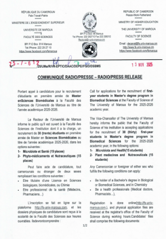 COMMUNIQUÉ RADIO-PRESSE portant appel à candidature pour le recrutement d'étudiants en première année de Master en Sciences Biomédicales à la Faculté des Sciences de l'Université de Maroua au titre de l'année académique 2025-2026 / PRESS RELEASE ...