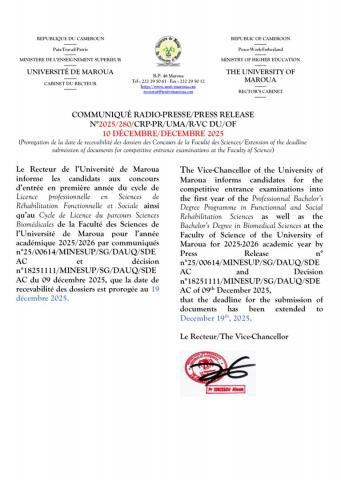 Communiqué portant prorogation de la date de recevabilité des dossiers des Concours de la Faculté des Sciences 