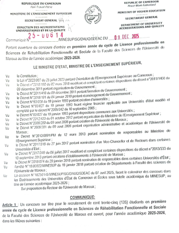 Communiqué portant ouverture du concours d'entrée en première année du cycle de Licence professionnelle en Sciences de Réhabilitation Fonctionnelle et Sociale de la Faculté des Sciences de l'Université de Maroua, au titre de l'année académique 2025/2026