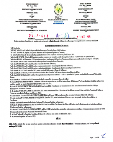 DÉCISION Portant autorisation d'inscription des candidats en deuxième année de Master Recherche à l'Université de Maroua pour le compte de l'année académique 2025-2026