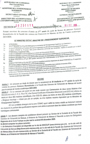 Communiqué portant ouverture du concours d'entrée en première année du cycle de licence du parcours Sciences Biomédicales de la Faculté des sciences de l'Université de Maroua, au titre de l'année académique 2025/2026.