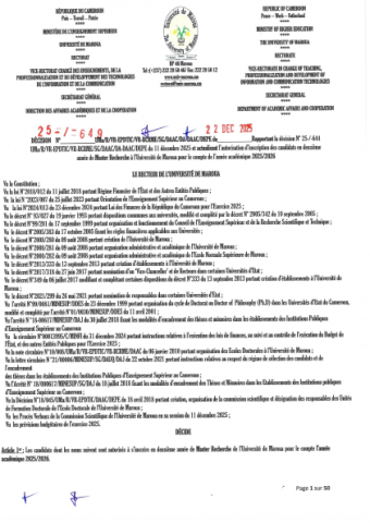 DÉCISION rapportant la décision et actualisant l'autorisation d'inscription des candidats en deuxième année de Master Recherche à l'Université de Maroua pour le compte de l'année académique 2025-2026