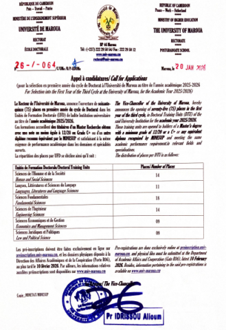 Appel à candidatures pour la sélection en première année du cycle de Doctorat à l'Université de Maroua au titre de l'année académique 2025-2026 / Call for Applications for Selection into the First Year of the Third Cycle at the University of Maroua, for the Academic Year 2025/2026