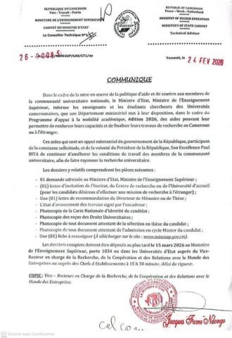 Communiqué portant mise à disposition d’aides au profit des enseignants et étudiants chercheurs des universités camerounaises dans le cadre du Programme d’appui à la mobilité académique, édition 2026