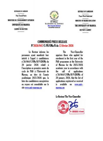 COMMUNIQUÉ portant publication de la liste des candidatures reçues dans le cadre de l'appel à candidatures No 26/064/C/UMa/R/P-EDUMa du 20 janvier 2026 relatif à l'inscription en première année du cycle de PhD à l'Université de Maroua