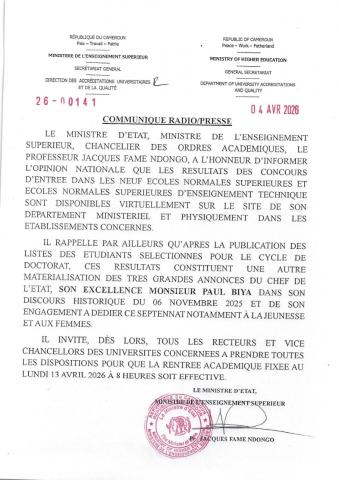 Communiqué portant publication des résultats des concours d'entrée en première année du premier cycle et en première année du second cycle de l'École Normale Supérieure de Maroua, au compte de l'année académique 2025-2026 / Press Release to publish the...