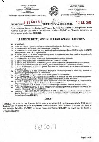 Décisions portant ouverture des concours d’entrée en 1ère et en 3ème années du cycle des Ingénieurs de conception de l’École Nationale Supérieure des Mines et des Industries Pétrolières de l’Université de Maroua, au titre de l’année académique 2026-2027
