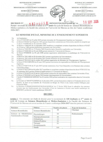Communiqué portant ouverture du concours d’entrée en 1ÈRE année du cycle de licence en sciences Biomédicales et Médico-sanitaires a la faculté des sciences de l’université de Maroua au titre de l’année académique 2026-2027.